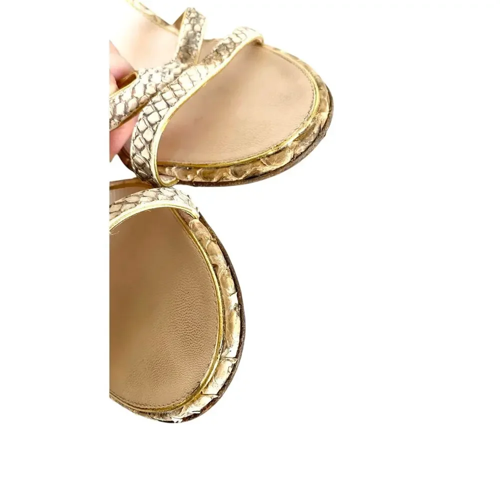 Chanel Python T-Strap Sandals 39.5 Gold Studded CC Column Heels Made in Italy